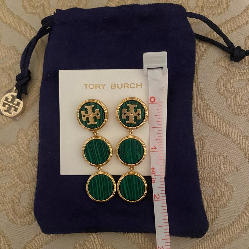 Tory Burch gold tone Earrings w/semiprecious natural stone: green malachite